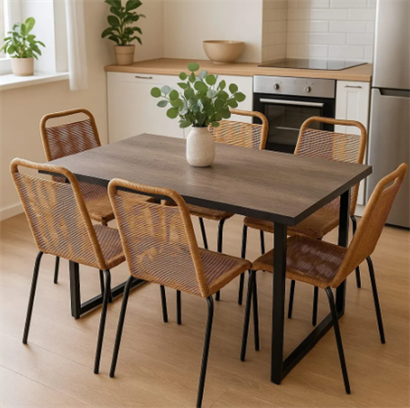 Juego De Mesa Bahia Simil Madera  y Sillas DAKOT X6 Tipo Yute Cordón 